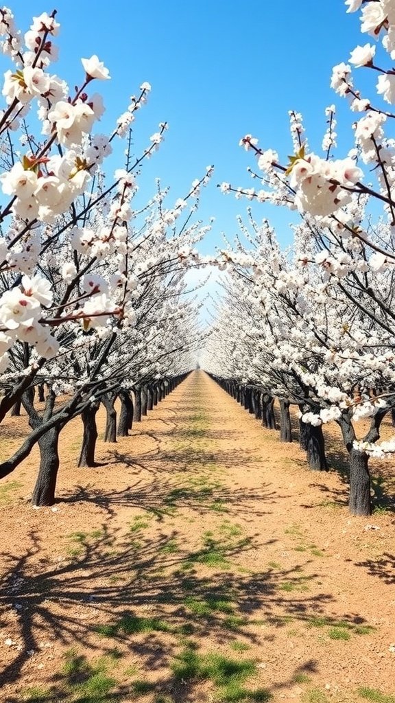 25 Stunning Cherry Wallpaper Designs for Your Phone A cherry orchard in full bloom with white flowers and a blue sky.