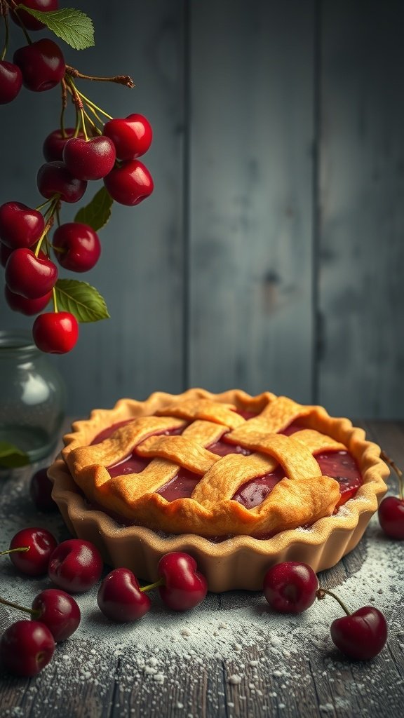 25 Stunning Cherry Wallpaper Designs for Your Phone A freshly baked cherry pie with a lattice crust, surrounded by fresh cherries on a wooden table.