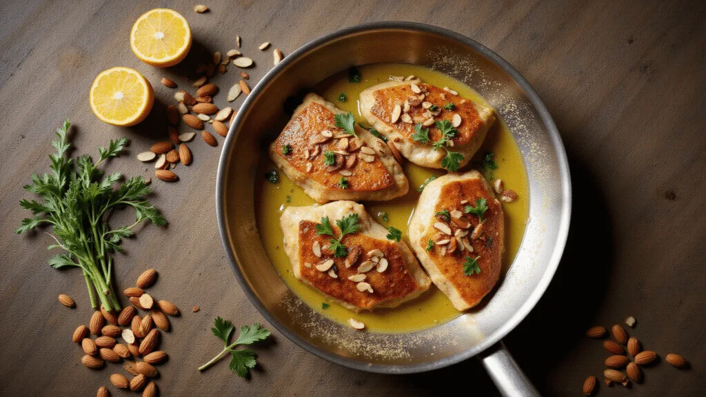 Chicken Almondine: An Elegant French-Inspired Skillet Delight A stainless steel skillet filled with four golden-brown seared chicken breasts in a butter-almond sauce, topped with toasted almonds, fresh parsley, and lemon wedges, on a rustic wooden surface, enhanced by natural light and dramatic shadows.