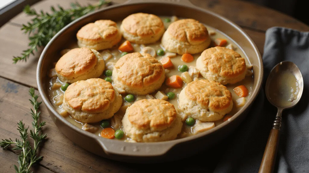 Chicken and Biscuits Casserole: The Ultimate Comfort Food Showstopper A golden-brown chicken and biscuit casserole in a rustic ceramic dish, featuring flaky biscuits, creamy filling, roasted chicken, carrots, peas, and celery, garnished with thyme on a weathered wooden surface, with steam rising and dramatic natural lighting.