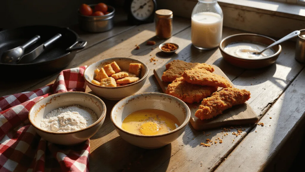 CHICKEN FRIED STEAK FINGERS Overhead view of a rustic farmhouse kitchen breading station featuring three ceramic bowls of seasoned flour, whisked eggs, and crushed saltine crackers, with seasoned cube steak strips, scattered spices, and a cast iron skillet, illuminated by dramatic side lighting.