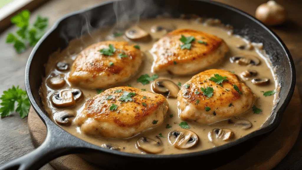 Chicken Diane: The Ultimate Restaurant-Style Skillet Chicken Photorealistic overhead shot of a rustic cast-iron skillet with golden-brown chicken breasts in a creamy mushroom sauce, garnished with parsley, on a dark wooden surface with dramatic lighting and steam wisps.