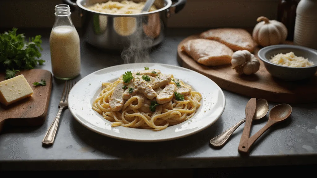 The Ultimate Chicken Fettuccine Alfredo: Creamy, Dreamy Pasta Perfection Cinematic overhead shot of a rustic kitchen scene showcasing a steaming plate of fettuccine alfredo with golden-seared chicken, garnished with parsley and parmesan, surrounded by cooking ingredients on a dark wooden cutting board and marble countertop, captured in warm, moody lighting.