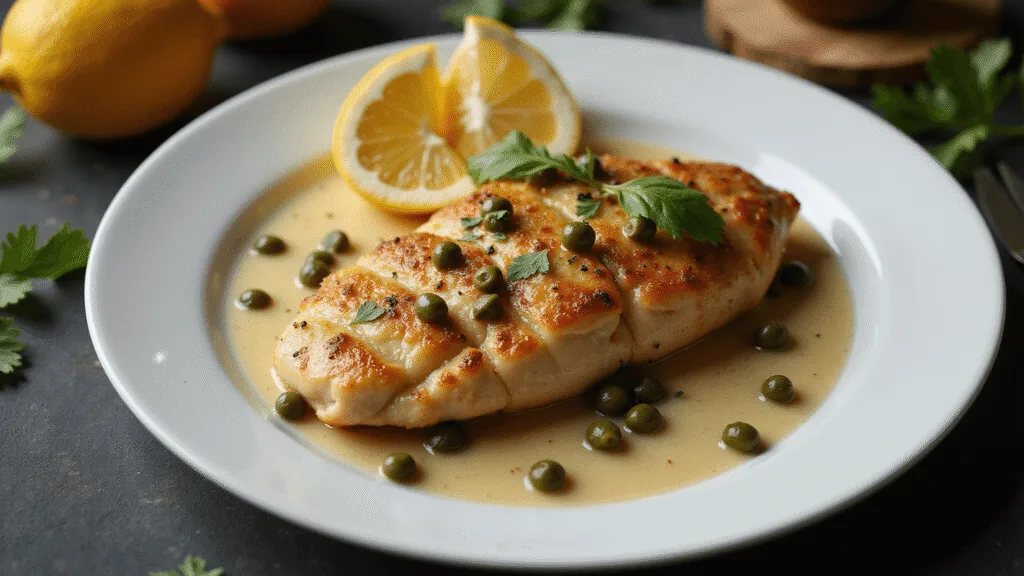CHICKEN PICCATA WITH CAPERS: A ZESTY ITALIAN-AMERICAN CLASSIC Photorealistic overhead shot of golden-brown chicken piccata on a white plate, topped with lemon-butter sauce, bright green capers, and parsley, with lemon wedges and a dark moody background.