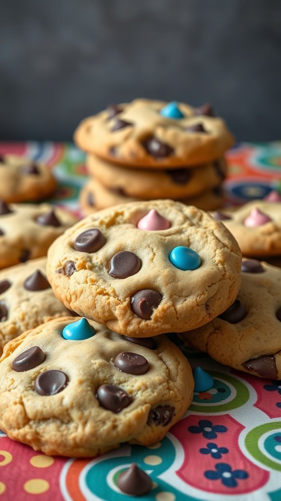 25 Creative Gender Reveal Cookie Ideas to Celebrate Your Big News Colorful chocolate chip cookies with blue and pink candies on a vibrant background.
