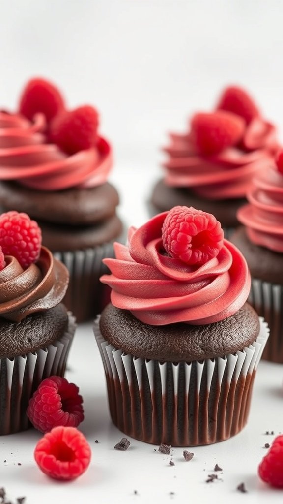 25 Creative Gender Reveal Cupcake Ideas to Celebrate Your Baby's Arrival Chocolate raspberry gender reveal cupcakes with pink frosting and fresh raspberries on top.