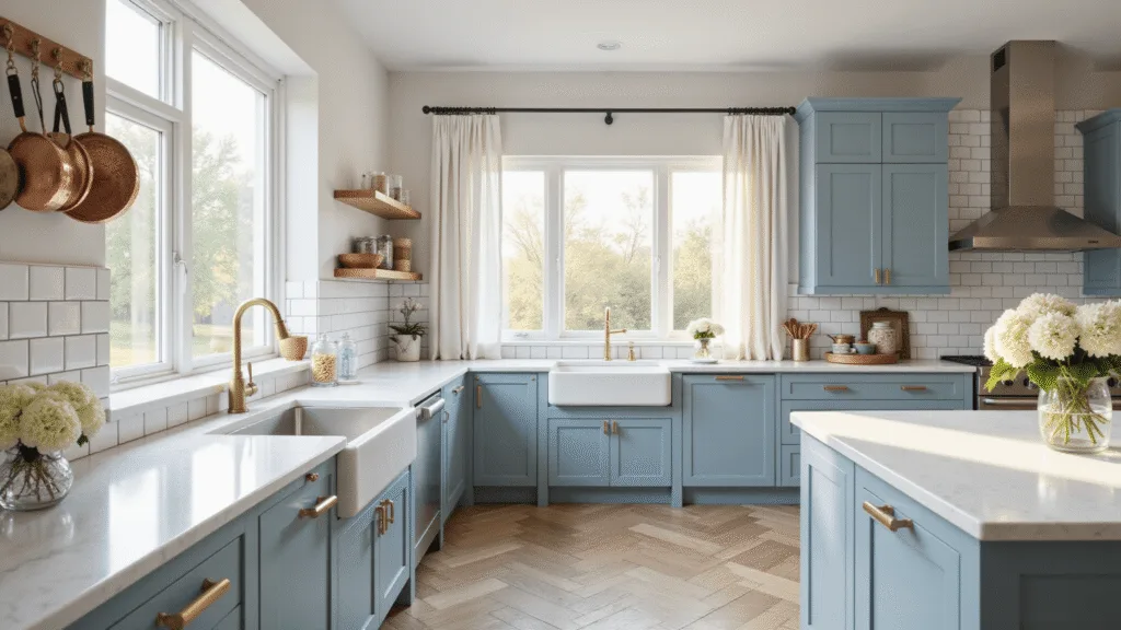 Light Blue Kitchen Cabinets: Transform Your Space with Serene Sophistication Photorealistic coastal kitchen featuring powder blue shaker cabinets, white Carrara marble countertops, and herringbone white oak flooring, bathed in golden hour light with a farmhouse sink and brass accents.