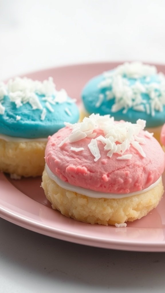25 Creative Gender Reveal Cookie Ideas to Celebrate Your Big News Colorful coconut cream cookies with pink and blue frosting, perfect for a gender reveal celebration.
