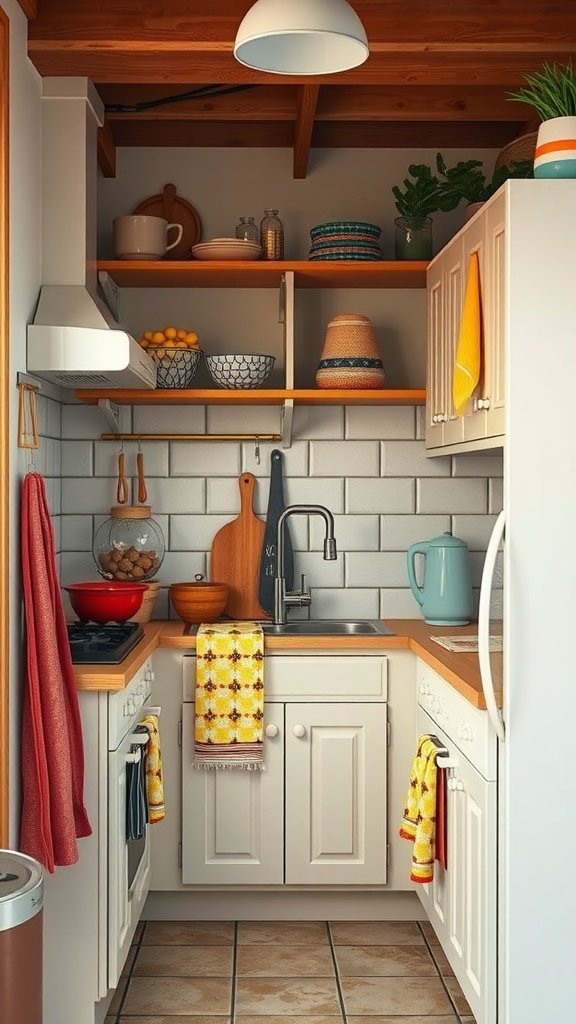 50 Creative Tiny Cottage Kitchen Ideas for Space-Savvy Living A cozy tiny cottage kitchen featuring colorful towels and textiles, with yellow and orange towels hanging by the sink.