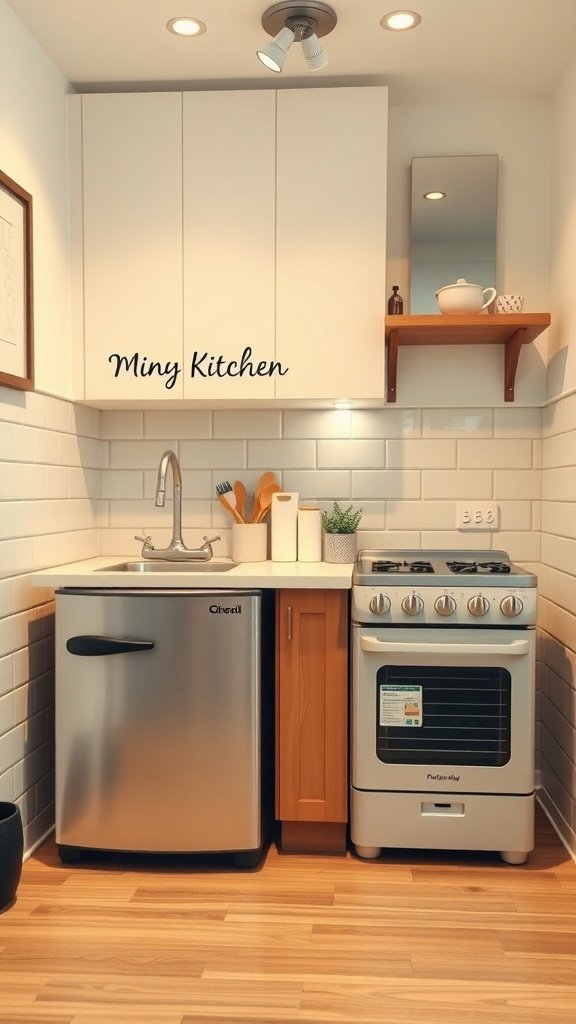 50 Creative Tiny Cottage Kitchen Ideas for Space-Savvy Living A compact kitchen featuring a small refrigerator and stove, designed for efficiency in a tiny space.