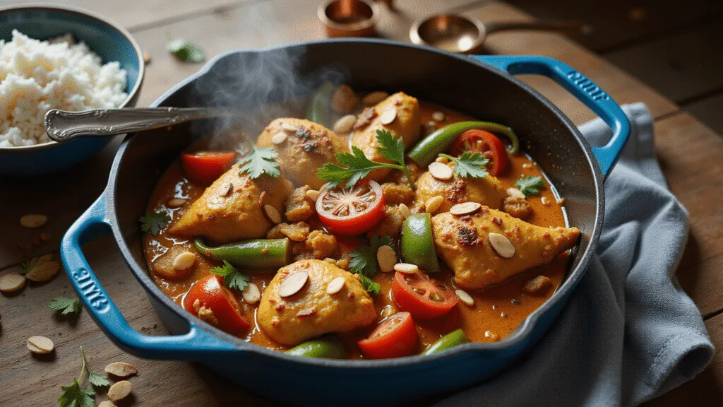 Country Captain Chicken - A Legendary Southern Curry-Inspired Comfort Dish Photorealistic overhead shot of Country Captain Chicken in a blue enameled Dutch oven, featuring golden-brown chicken, rich amber curry, red tomatoes, emerald bell peppers, and garnishes of slivered almonds, golden raisins, and parsley, with a bowl of white rice nearby and vintage serving utensils, captured in warm, natural light.