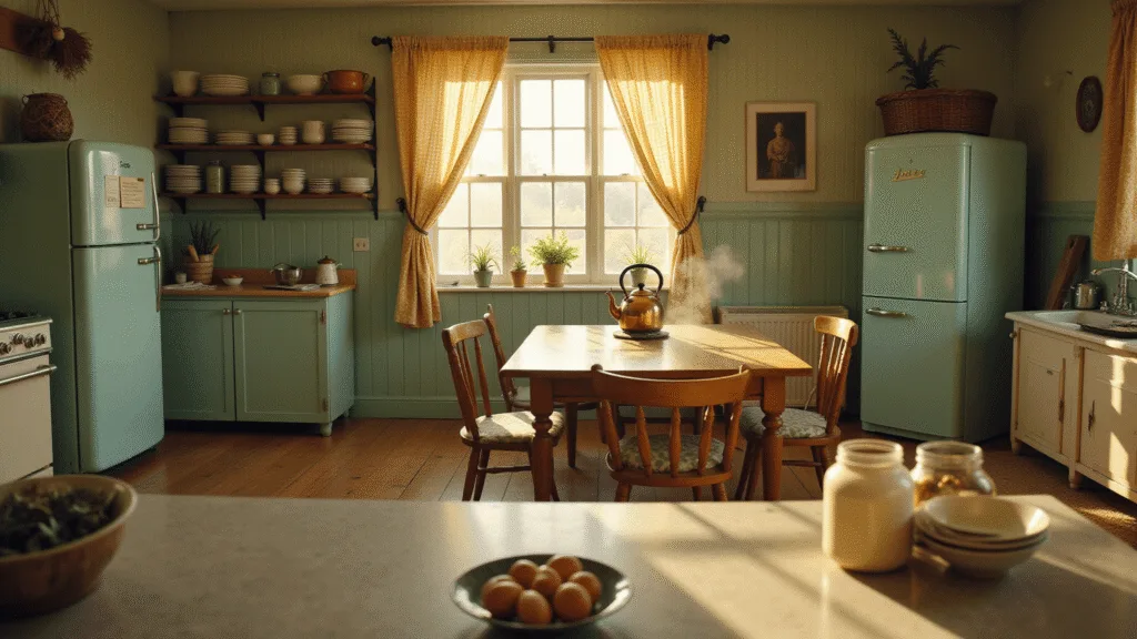 Grandmacore Kitchen: Bringing Nostalgic Warmth to Modern Cooking Spaces A sunlit farmhouse kitchen with sage green beadboard walls, a mint-green Smeg refrigerator, and warm gingham curtains. The weathered oak farmhouse table is surrounded by mismatched chairs, while open shelves display milk glass and jadeite dishes. A copper kettle simmers on a cream enamel range. A marble island features vintage mason jars and fresh eggs, all enveloped in a nostalgic atmosphere.
