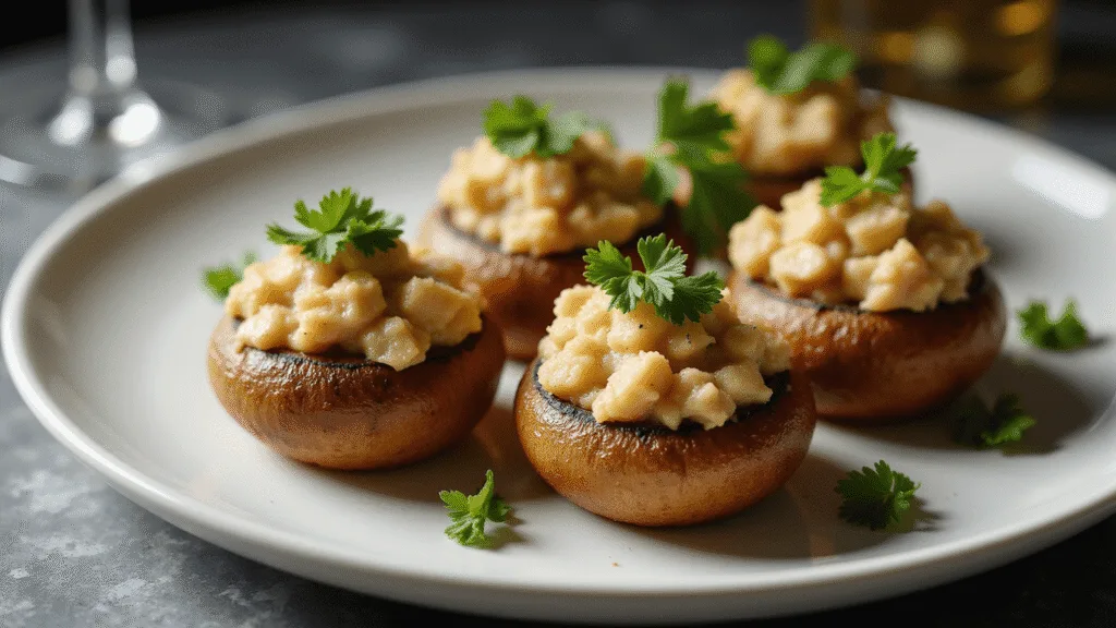 Creamy Crab Stuffed Mushrooms: The Ultimate Party Appetizer Photorealistic closeup of golden-brown crab-stuffed mushrooms on an elegant white platter, featuring parmesan crusts and fresh parsley, with soft steam wisps rising and a blurred crystal wine glass in the background, all set on a polished marble surface.