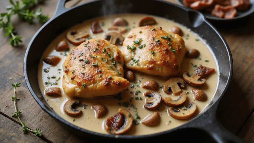 CHICKEN SUPREME: THE ULTIMATE CREAMY FRENCH-STYLE CHICKEN DINNER Photorealistic overhead shot of a rustic cast-iron skillet with golden-brown crispy chicken breasts in a creamy sauce, surrounded by caramelized mushrooms and crispy pancetta, garnished with fresh thyme, set on a distressed wooden surface.