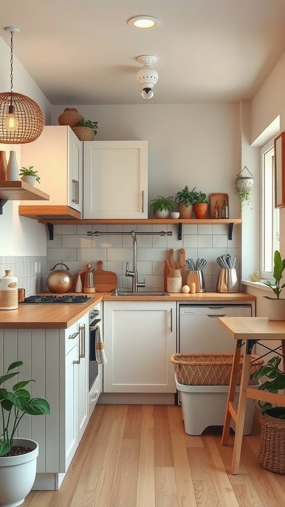 50 Creative Tiny Cottage Kitchen Ideas for Space-Savvy Living A cozy tiny cottage kitchen featuring white cabinets, wooden countertops, plants, and warm lighting.