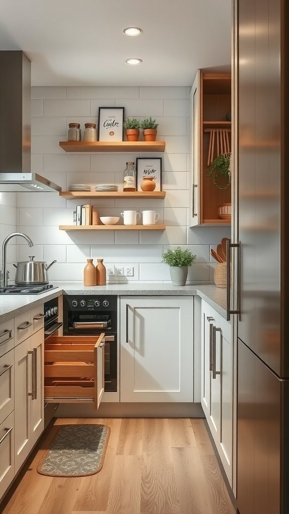 50 Creative Tiny Cottage Kitchen Ideas for Space-Savvy Living A cozy tiny cottage kitchen featuring open shelves, wooden drawers, and a clean design.