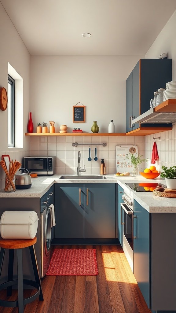 50 Creative Tiny Cottage Kitchen Ideas for Space-Savvy Living A cozy and colorful tiny cottage kitchen with blue cabinets, wooden accents, and decorative items.