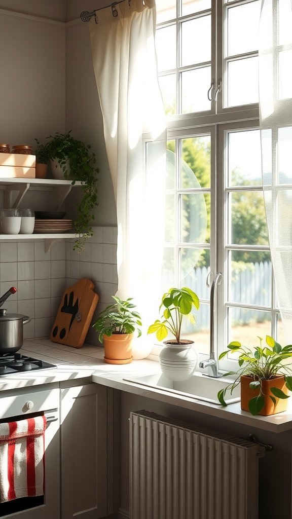 50 Creative Tiny Cottage Kitchen Ideas for Space-Savvy Living A bright and airy tiny cottage kitchen with sunlight streaming through large windows, plants on the windowsill, and soft curtains.
