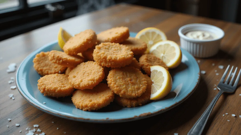 Crispy Fried Clam Strips: New England's Ultimate Seafood Feast Photorealistic image of golden-brown fried clam strips on a blue ceramic plate, garnished with lemon wedges and tartar sauce, shot at a 45-degree angle with soft lighting, highlighting textures and coastal elements.