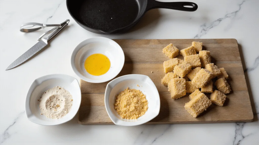FRIED RAZOR CLAMS: CRISPY GOLDEN SEAFOOD PERFECTION Photorealistic overhead view of a marble countertop with a professional breading station, featuring three ceramic dishes of seasoned flour, beaten eggs, and panko breadcrumbs, fresh razor clams on a cutting board, a chef's knife, and soft natural daylight casting shadows.