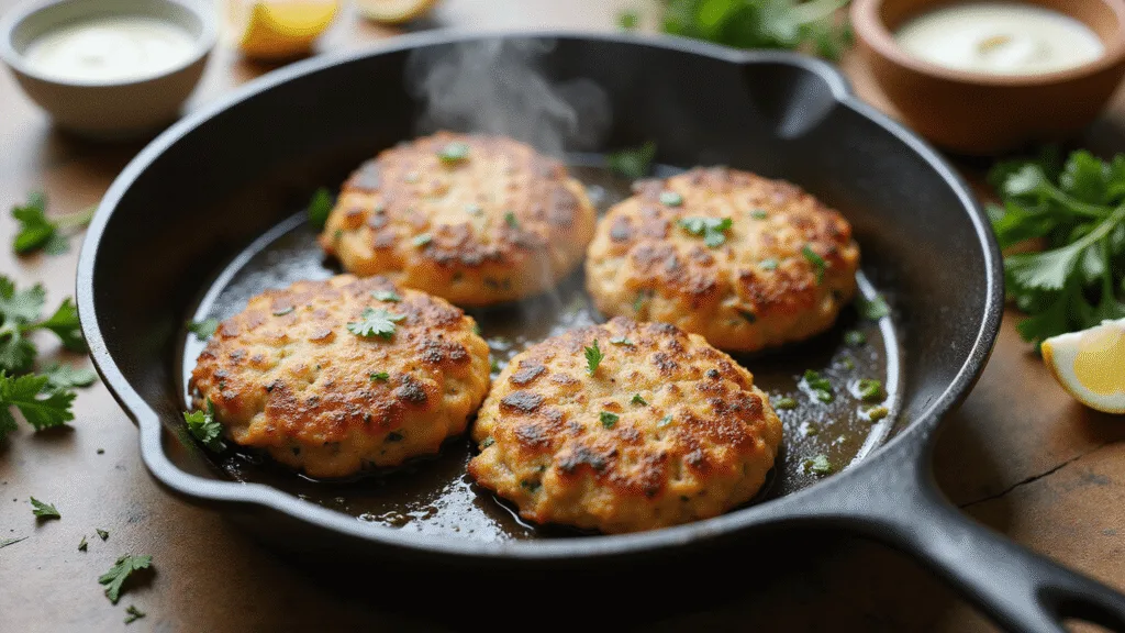 SALMON PATTIES: CRISPY, QUICK & FOOLPROOF Overhead shot of golden-brown salmon patties sizzling in a cast iron skillet, with steam rising and olive oil glistening. Patties are flecked with green parsley and diced onions, surrounded by fresh parsley sprigs, lemon wedges, a ramekin of tartar sauce, and a vintage wooden spatula. Soft natural lighting highlights the crispy texture of the patties against a warm color palette.