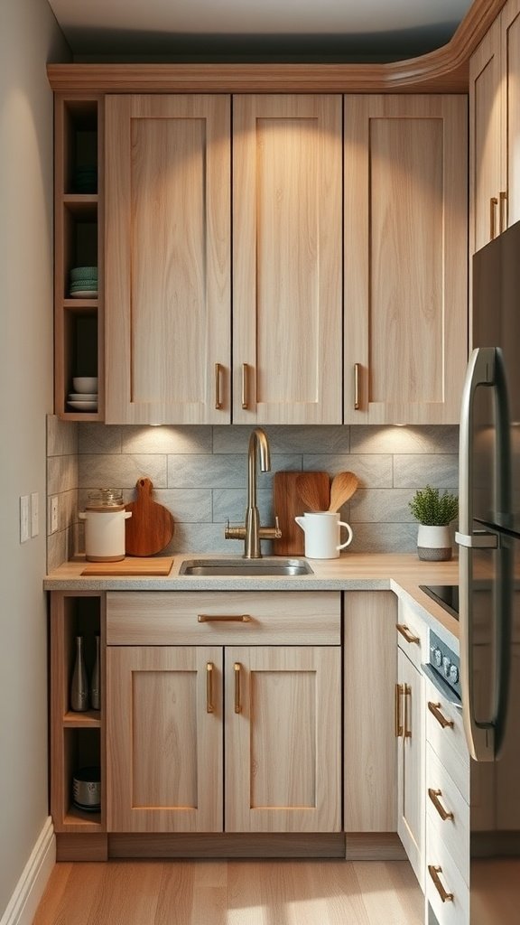 50 Creative Tiny Cottage Kitchen Ideas for Space-Savvy Living A cozy tiny cottage kitchen featuring custom wooden cabinets, open shelving, and modern hardware.