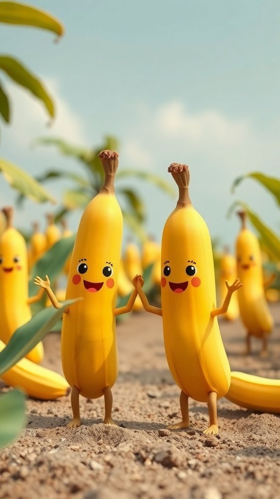 25 Creative Banana Wallpaper Designs for Your Phone Two cute banana characters holding hands in a field of bananas