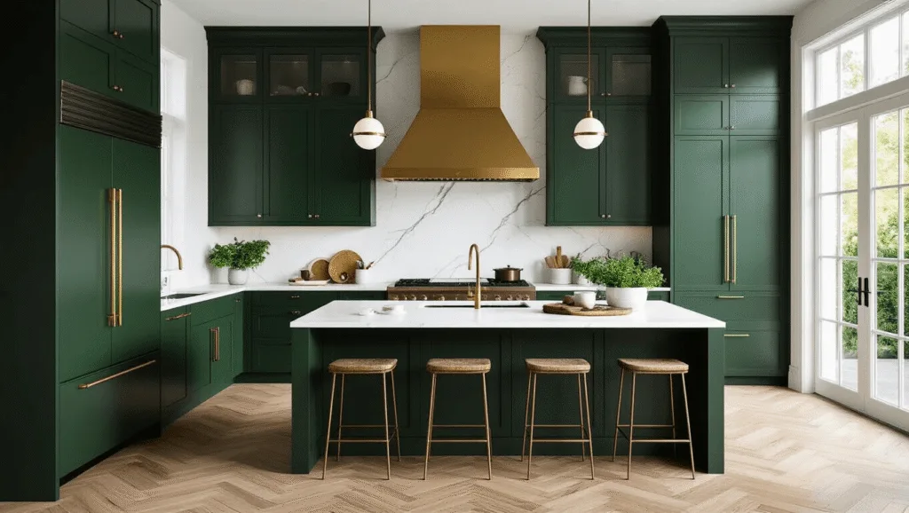 Dark Green Kitchen: A Comprehensive Design and Styling Guide Photorealistic interior of a luxurious dark green contemporary kitchen with brass accents, veined quartz countertops, and large windows, showcasing a spacious island adorned with artisanal ceramics and herbs, illuminated by warm pendant lights.