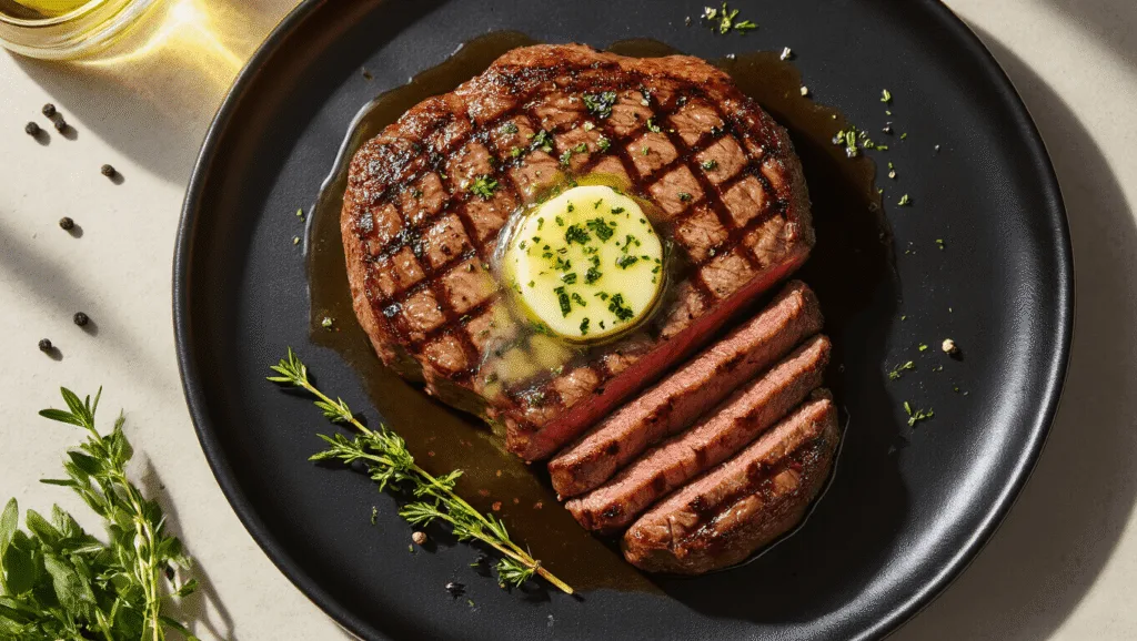 QUICK STEAK PERFECTION: A BUTCHER'S CUT MASTERPIECE A perfectly seared Denver steak topped with melting herb butter on a matte black plate, showcasing grill marks and a rosy medium-rare center, surrounded by fresh herbs and coarse black pepper, illuminated by warm evening light.