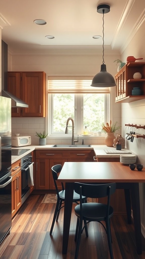 50 Creative Tiny Cottage Kitchen Ideas for Space-Savvy Living A cozy and efficient tiny cottage kitchen with wooden cabinets, a small dining table, and natural light from a window.