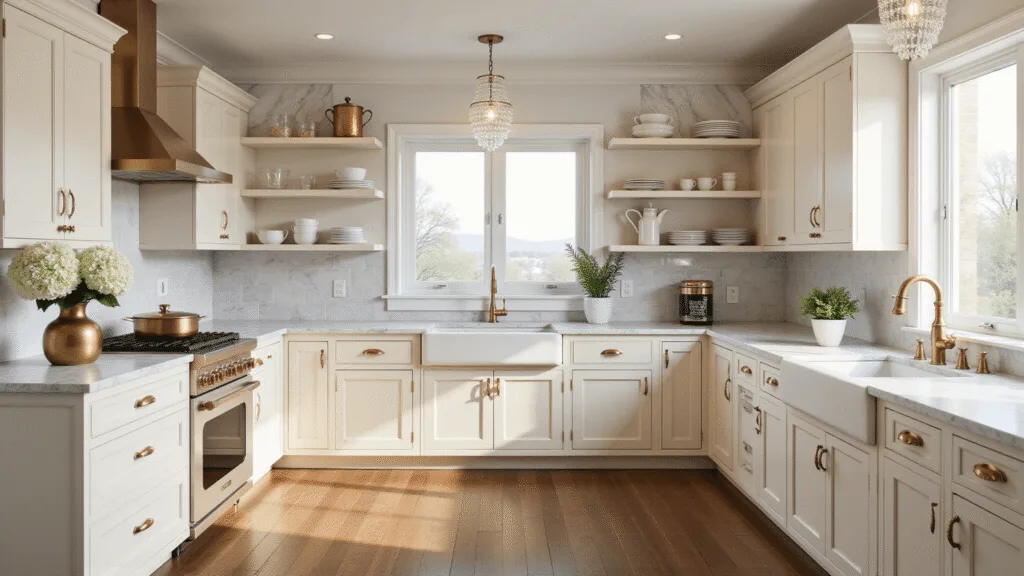 Cream Kitchen Cabinets: Your Ultimate Design Guide to Timeless Elegance A luxurious traditional kitchen featuring cream Shaker-style cabinets, Calacatta marble countertops, and walnut hardwood floors, illuminated by natural light through large windows, with elegant brass hardware and crystal pendant lights.