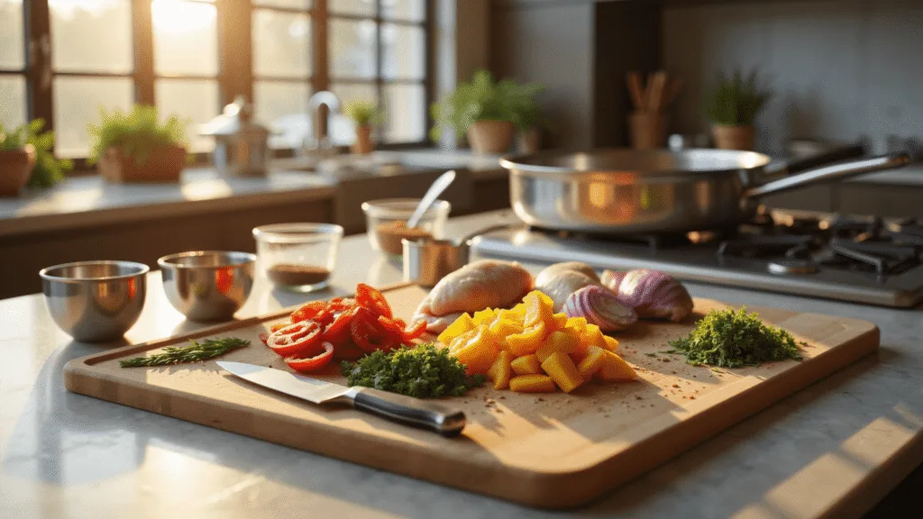 15 Quick and Affordable Family Dinner Ideas Under 30 Minutes Photorealistic kitchen scene during meal prep with vibrant ingredients on a marble countertop, including diced bell peppers, onions, fresh herbs, and seasoned chicken thighs, surrounded by a professional chef's knife, stainless steel measuring cups, and glass spice bowls, all bathed in warm golden hour lighting.