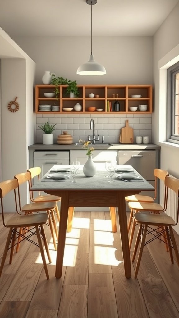 50 Creative Tiny Cottage Kitchen Ideas for Space-Savvy Living A cozy tiny cottage kitchen featuring a foldable table and wooden chairs.