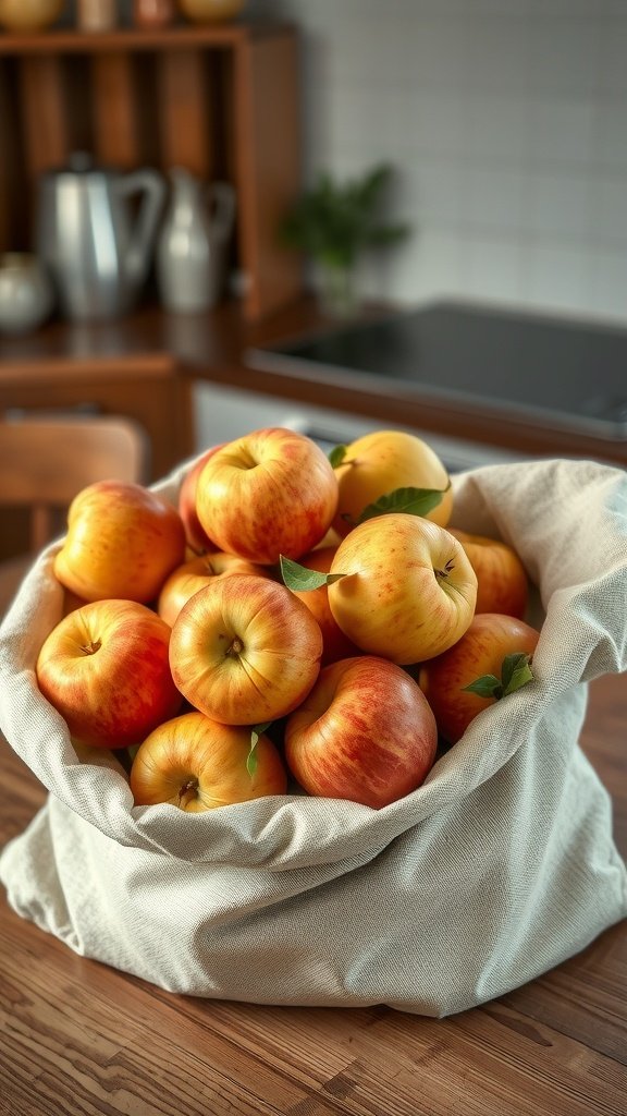 35 Stunning Apple Wallpapers for Your Device A cloth bag filled with freshly picked apples, showcasing their vibrant colors and freshness.