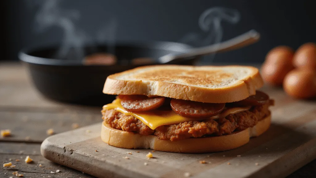 FRIED BOLOGNA SANDWICH: A NOSTALGIC LUNCH CLASSIC Close-up of a golden-brown fried bologna sandwich with melted American cheese on rustic wooden cutting board, featuring crispy edges, yellow mustard, and scattered crumbs, with dramatic side lighting and a cast iron skillet in soft focus.