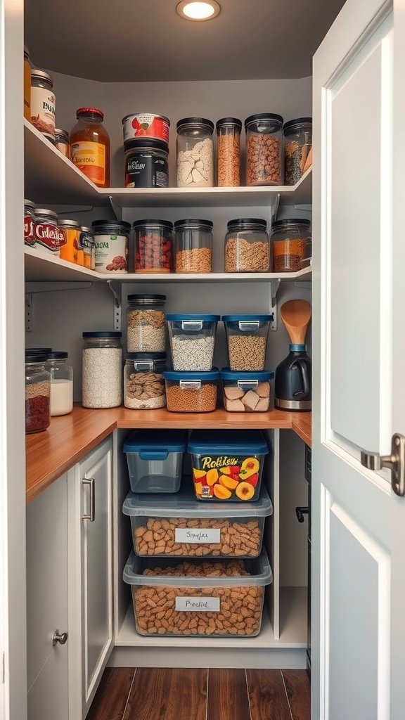 50 Creative Tiny Cottage Kitchen Ideas for Space-Savvy Living Organized pantry with clear containers and labeled bins in a tiny cottage kitchen.
