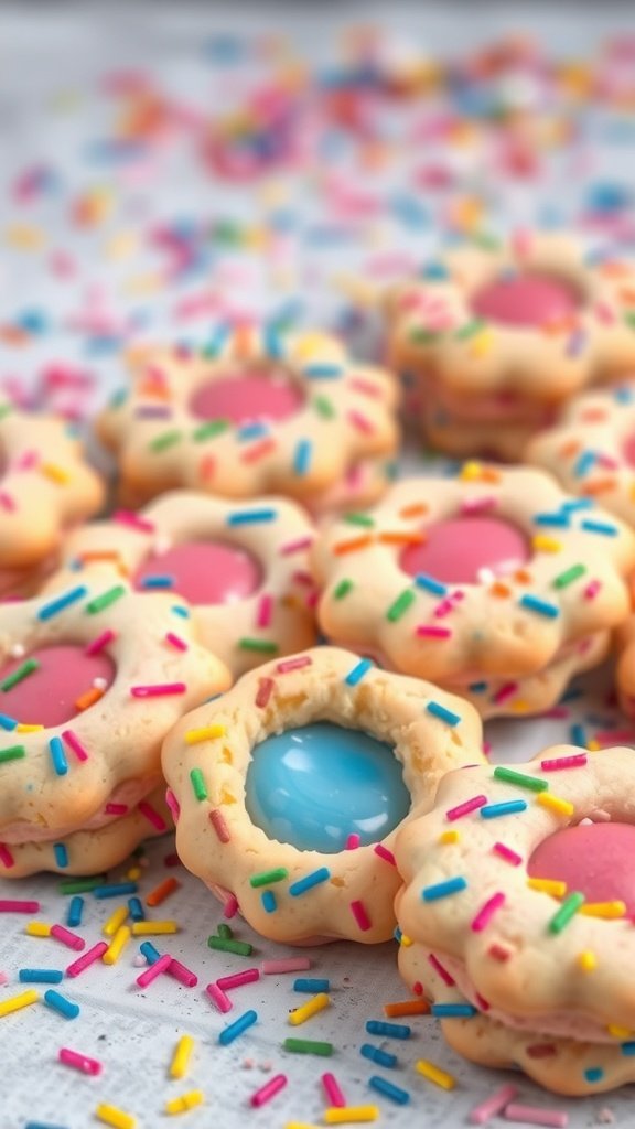 25 Creative Gender Reveal Cookie Ideas to Celebrate Your Big News Funfetti gender reveal cookies with colorful sprinkles and pink and blue fillings