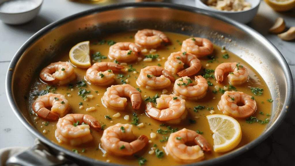 Garlic Shrimp Scampi: Restaurant-Quality Seafood in 20 Minutes Aerial view of sizzling jumbo shrimp in a stainless steel skillet, covered in golden butter-wine sauce, garnished with parsley, minced garlic, and lemon wedges, with steam rising in warm directional light.
