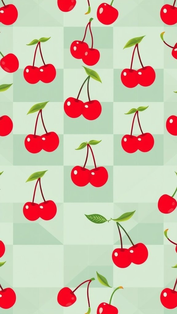 25 Stunning Cherry Wallpaper Designs for Your Phone A geometric pattern of red cherries with green leaves on a light green background.