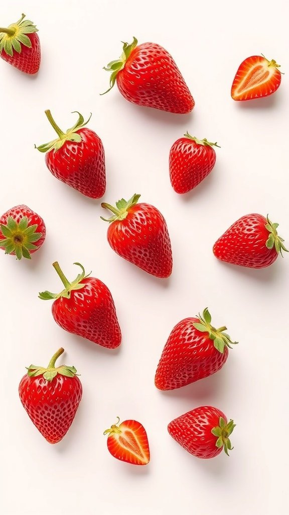 35 Stunning Strawberry Wallpaper Designs for a Fresh Look A collection of strawberries in various shapes and sizes on a light background.