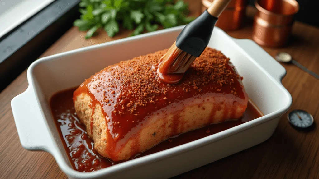 HAM LOAF: A CLASSIC MIDWEST COMFORT RECIPE Overhead view of a glazed ham loaf in a baking dish, rich caramel glaze dripping, steam rising, with paprika-dusted top and chopped onion, set on a rustic wooden counter with fresh herbs and vintage kitchen tools in the background.