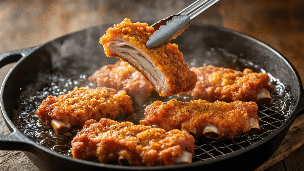 Chicken Fried Ribs: The Ultimate Crispy Southern Comfort Dish Close-up of golden-brown chicken fried ribs being lifted from bubbling oil, showcasing a textured coating with herbs and pepper, steam rising in backlight, and perfectly cooked ribs on a rustic wire rack, surrounded by fresh herbs and honey.