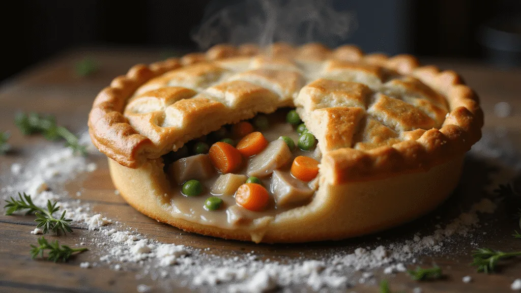 TURKEY POT PIE: THE ULTIMATE COMFORT FOOD MASTERPIECE Photorealistic close-up of a rustic turkey pot pie with a golden-brown lattice crust, steam wafting, filled with turkey, carrots, peas, and potatoes on a weathered wooden surface, enhanced by fresh thyme and flour, in a warm, moody farmhouse kitchen setting.