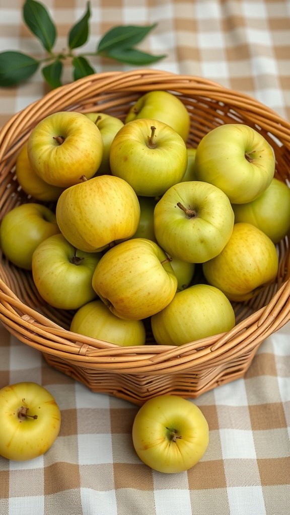 35 Stunning Apple Wallpapers for Your Device A basket filled with green Granny Smith apples on a checkered tablecloth.