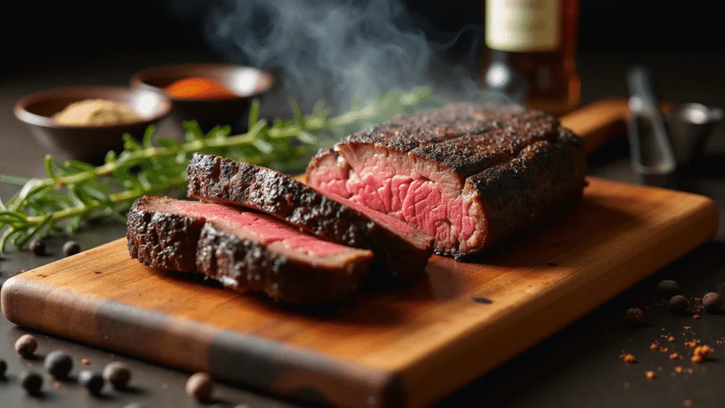 SANTA MARIA STYLE TRI TIP: THE ULTIMATE CALIFORNIA GRILLING CLASSIC A beautifully grilled tri-tip steak, sliced to reveal a medium-rare center, on a rustic wooden cutting board surrounded by fresh rosemary and spice ingredients, illuminated by warm golden hour light with dramatic shadows.