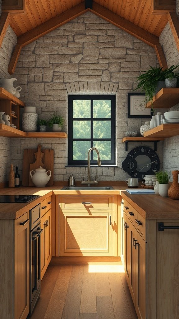 50 Creative Tiny Cottage Kitchen Ideas for Space-Savvy Living Cozy tiny cottage kitchen with wooden cabinets, stone walls, and plants