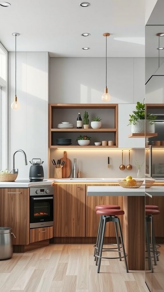 50 Creative Tiny Cottage Kitchen Ideas for Space-Savvy Living A modern tiny cottage kitchen featuring wooden cabinets, sleek appliances, and warm lighting.