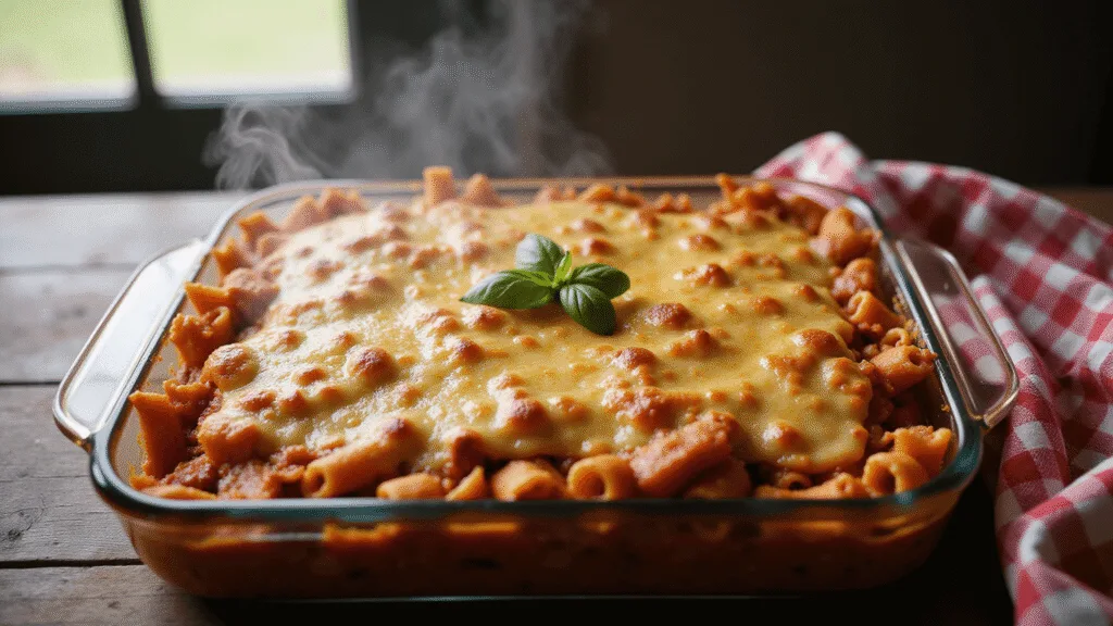 Johnny Marzetti Casserole Recipe Photorealistic image of a steaming Johnny Marzetti casserole in a glass baking dish, featuring melted cheese, rotini pasta, and meat sauce, with natural light enhancing the textures and layers, against a dark wooden table and red-and-white checkered cloth.