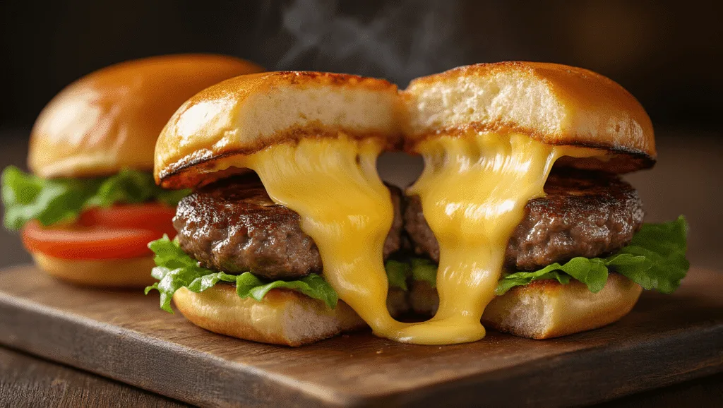 Juicy Lucy Burger: The Ultimate Molten Cheese Burger Experience Photorealistic close-up of a Juicy Lucy burger being pulled apart, showcasing melted American cheese stretching from the center; featuring a seared beef patty with a deep brown crust, served on a wooden board with a toasted brioche bun, lettuce, and tomato, all highlighted by soft lighting and a shallow depth of field.