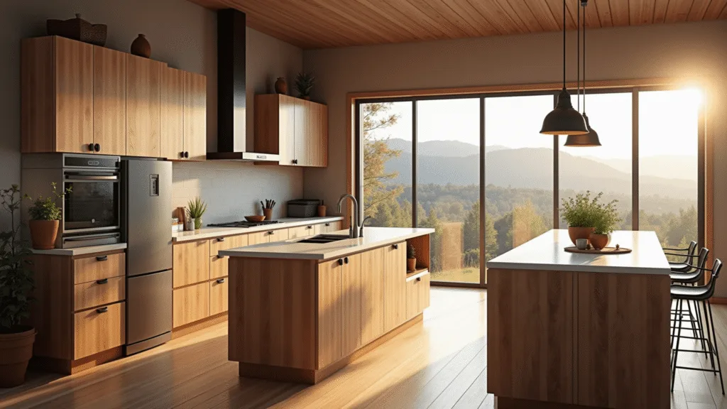 Knotty Alder Kitchen Cabinets: A Rustic Charm for Your Culinary Space Photorealistic image of a spacious transitional kitchen featuring knotty alder cabinets with warm honey-brown tones, a white quartz waterfall island, and copper pendant lights. Morning light fills the space through large windows, highlighting artisanal pottery and fresh herbs. A backlit mountain landscape and dramatic shadows enhance the serene atmosphere.